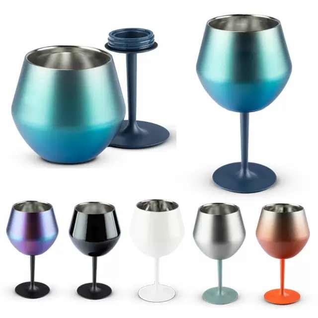 White portable stainless steel wine glass goblet showing detachable stem and base for outdoor travel — view 2