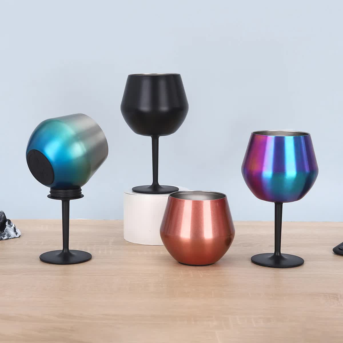 White portable stainless steel wine glass goblet showing detachable stem and base for outdoor travel — view 3