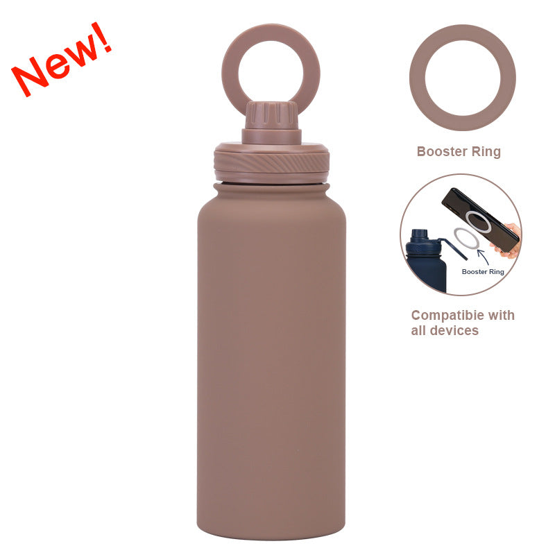 Brown one litre stainless steel water bottle with magnetic phone holder lid and carry loop