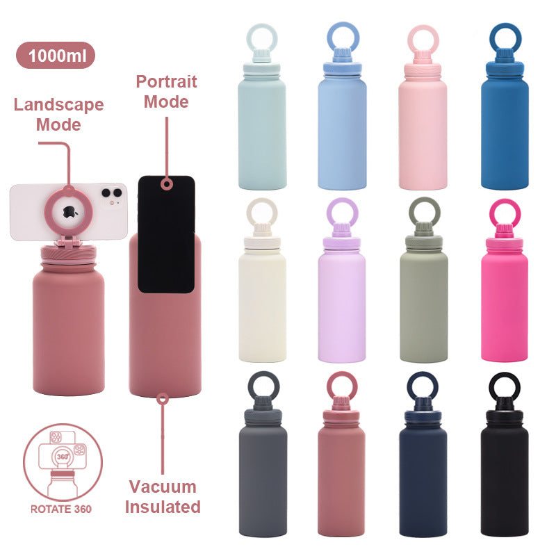 Brown one litre stainless steel water bottle with magnetic phone holder lid and carry loop — view 3