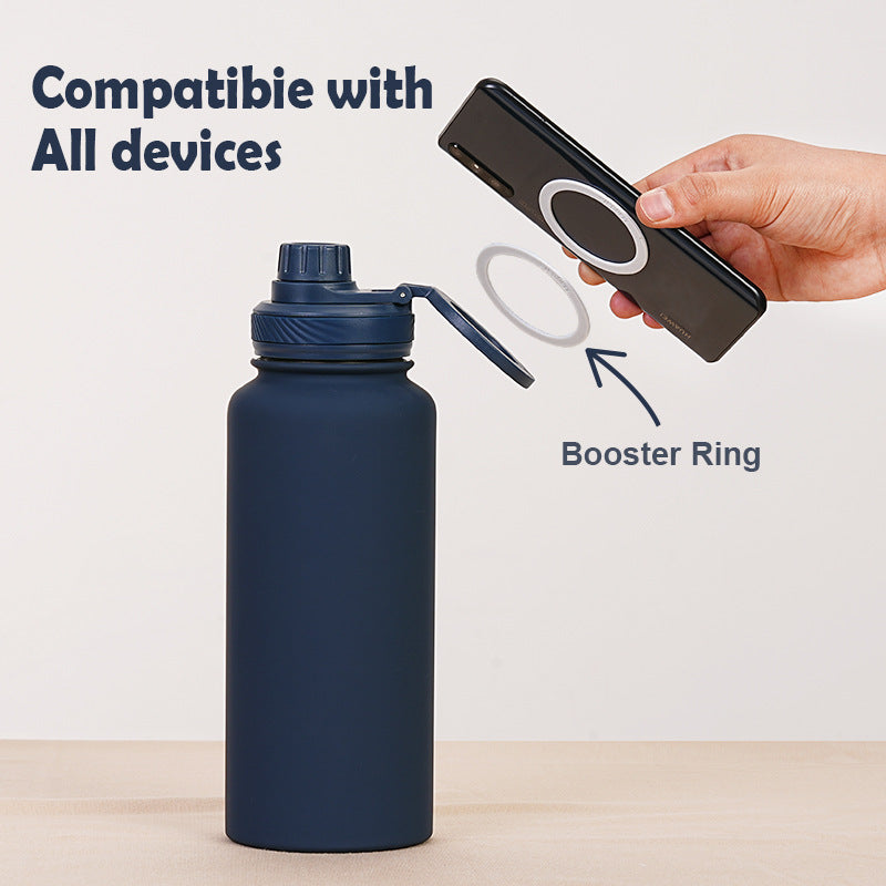 Brown one litre stainless steel water bottle with magnetic phone holder lid and carry loop — view 4