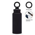Black 1L stainless steel water bottle with magnetic phone holder lid attached to a smartphone