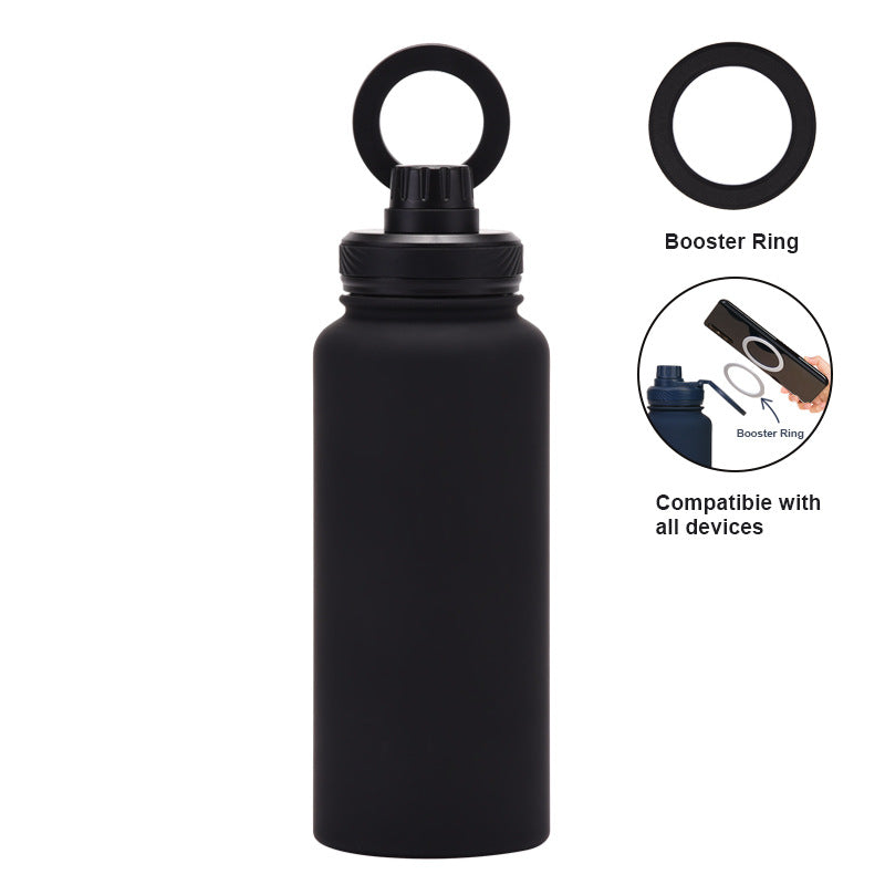 Black 1L stainless steel water bottle with magnetic phone holder lid attached to a smartphone