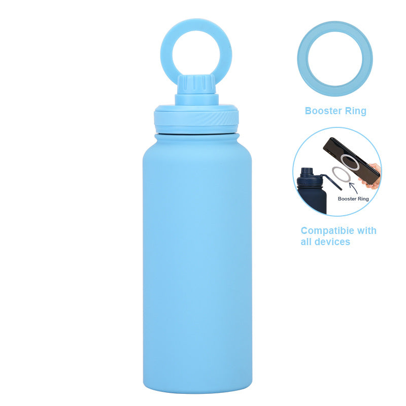 Light blue 1 litre stainless steel water bottle with magnetic phone holder lid and carry loop