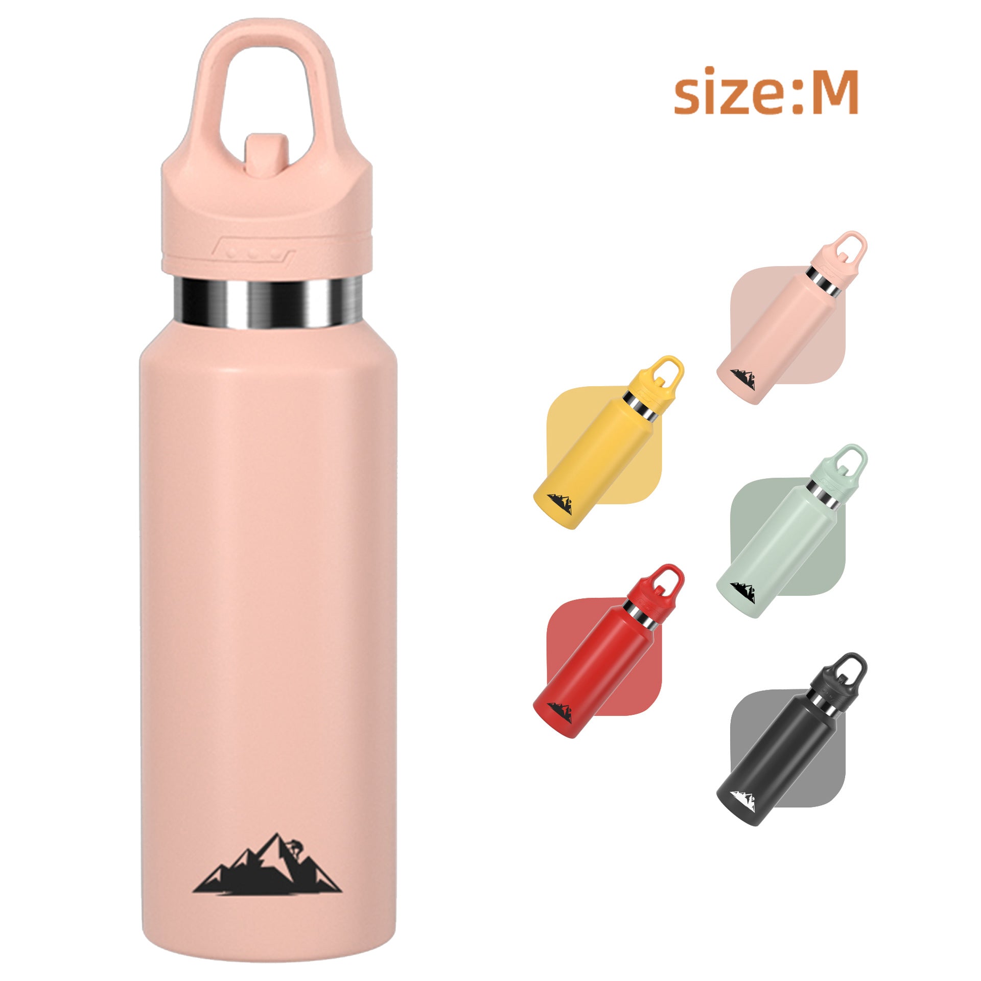 Pink 480ml insulated stainless steel water bottle with a leakproof one-click lid and anti-slip base