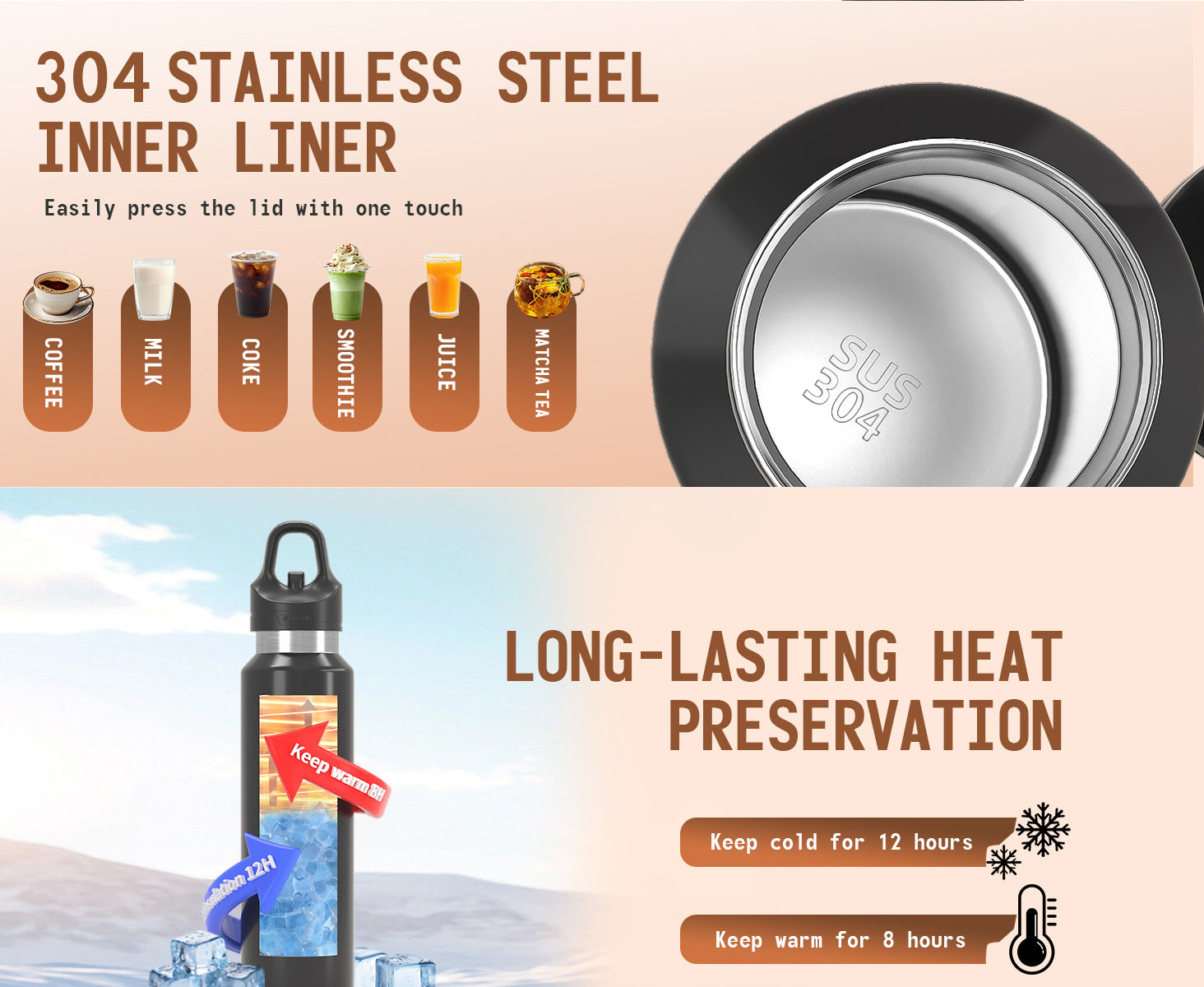 Pink 480ml insulated stainless steel water bottle with a leakproof one-click lid and anti-slip base — view 5