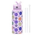 1L purple stainless steel insulated water bottle with vibrant smiley face pattern and straw lid