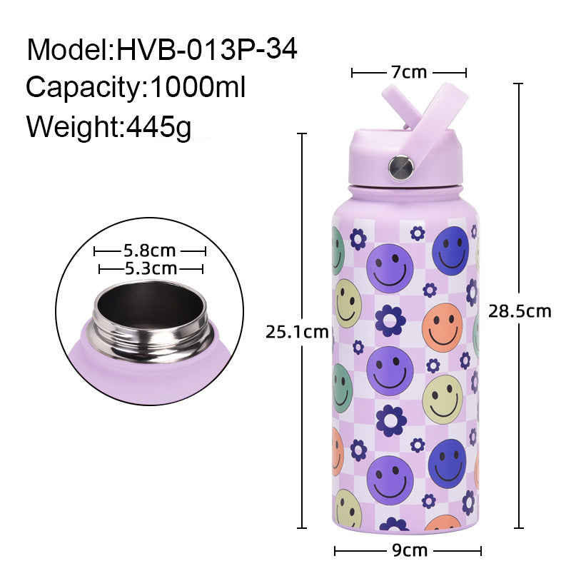 1L purple stainless steel insulated water bottle with vibrant smiley face pattern and straw lid — view 2
