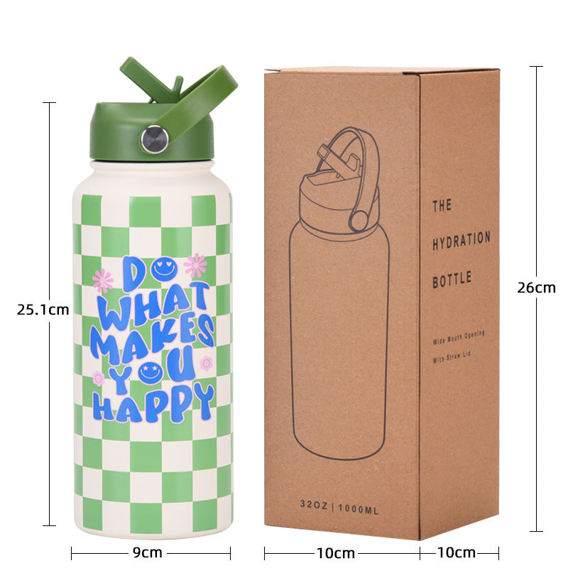 1L purple stainless steel insulated water bottle with vibrant smiley face pattern and straw lid — view 3