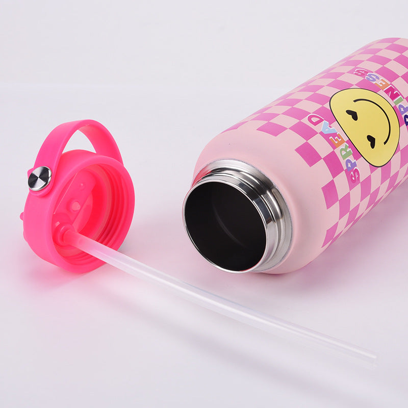 1L purple stainless steel insulated water bottle with vibrant smiley face pattern and straw lid — view 4