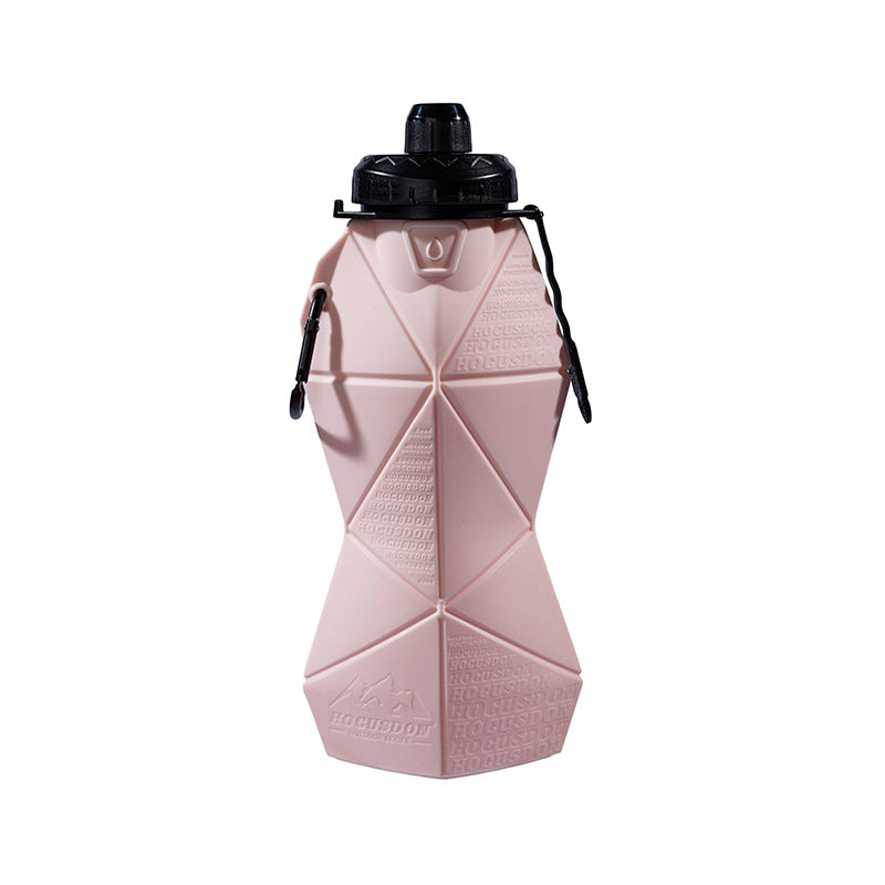Pink and black foldable silicone water bottle with leakproof lid and convenient retaining strap