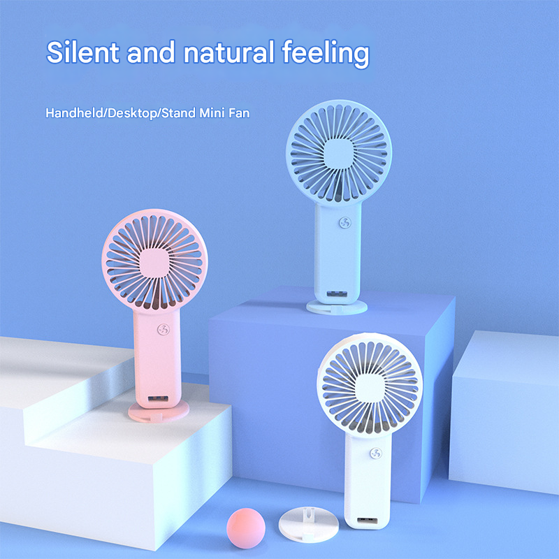 Blue portable USB mini handheld fan with desktop base and integrated phone stand. — view 3