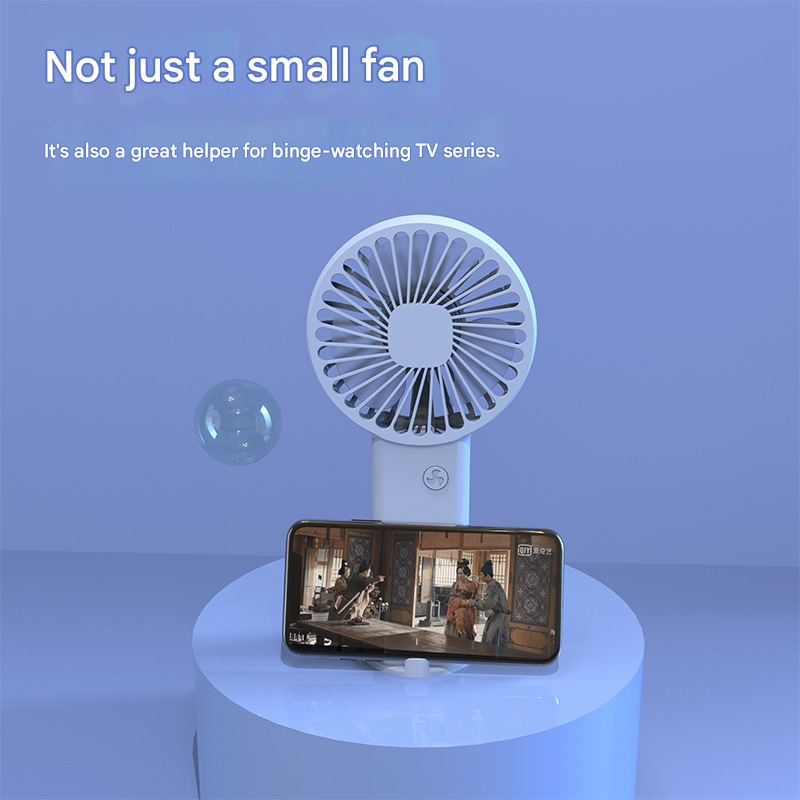 Two white portable mini handheld fans with desktop base and integrated phone stand — view 4