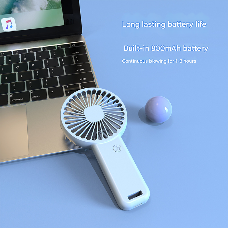 Two white portable mini handheld fans with desktop base and integrated phone stand — view 5