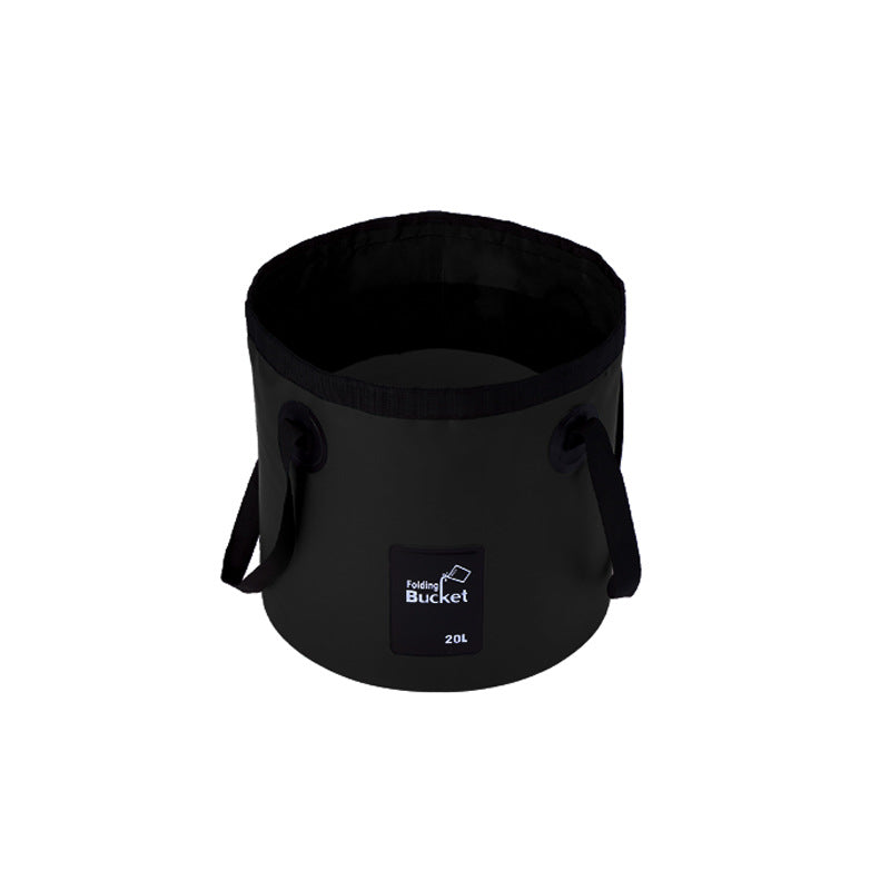Black 20L collapsible PVC water bucket with sturdy handle for outdoor camping and fishing.