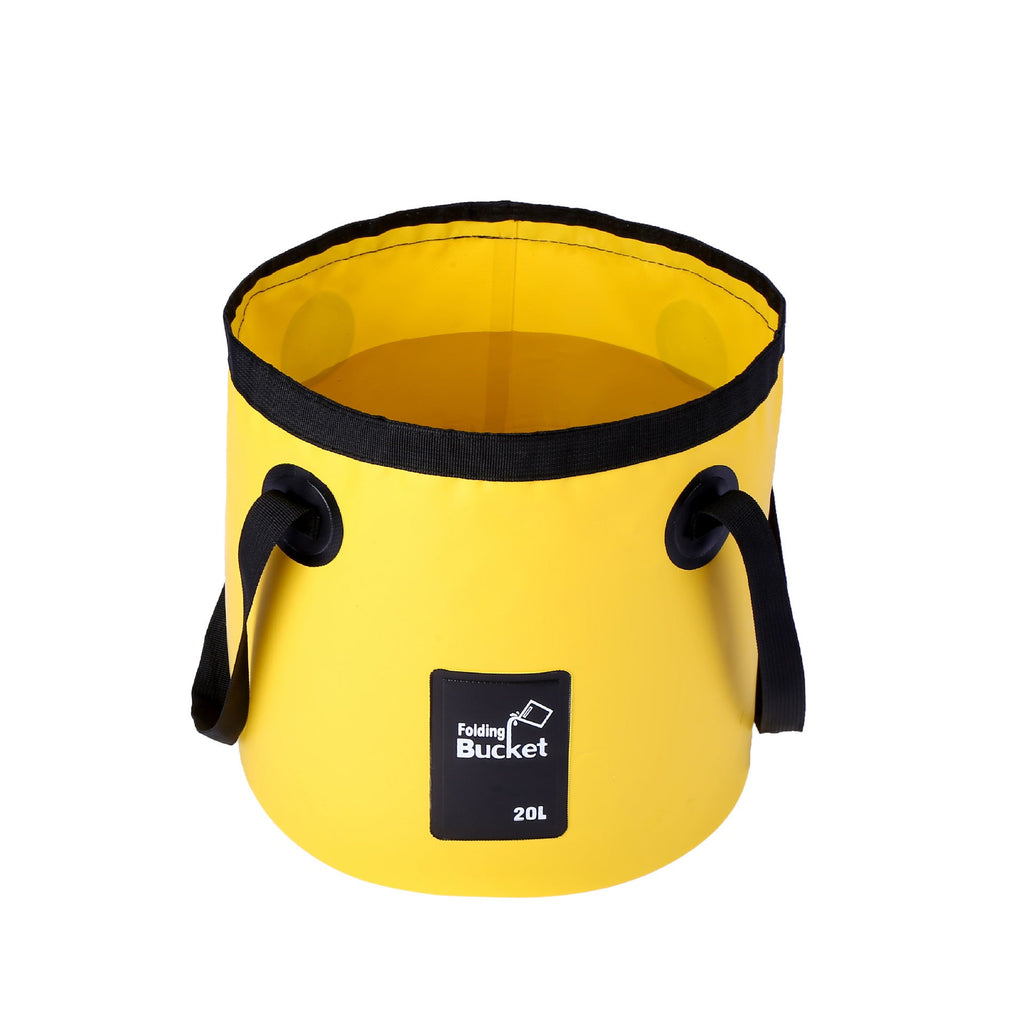 Yellow 20L collapsible PVC outdoor water bucket with sturdy handle for camping and fishing