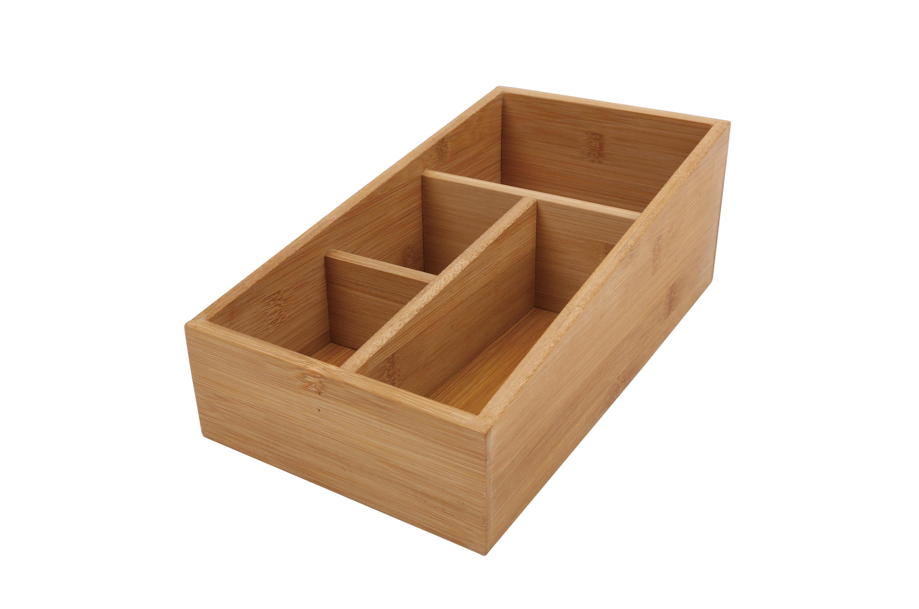 Natural bamboo storage box with 4 slots for office supplies, cutlery, and desk organization.