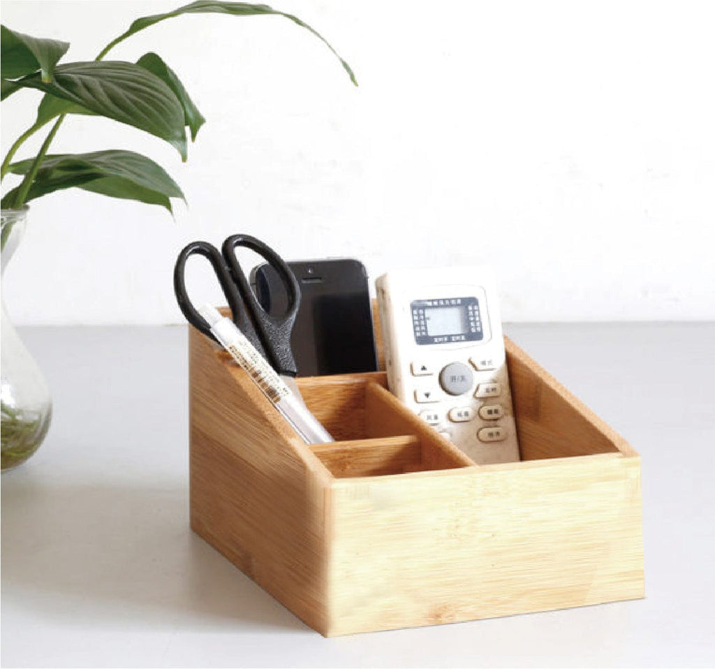 Natural bamboo storage box with 4 slots for office supplies, cutlery, and desk organization. — view 2