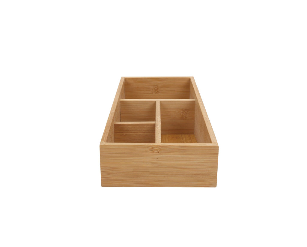 Natural bamboo storage box with 4 slots for office supplies, cutlery, and desk organization. — view 3