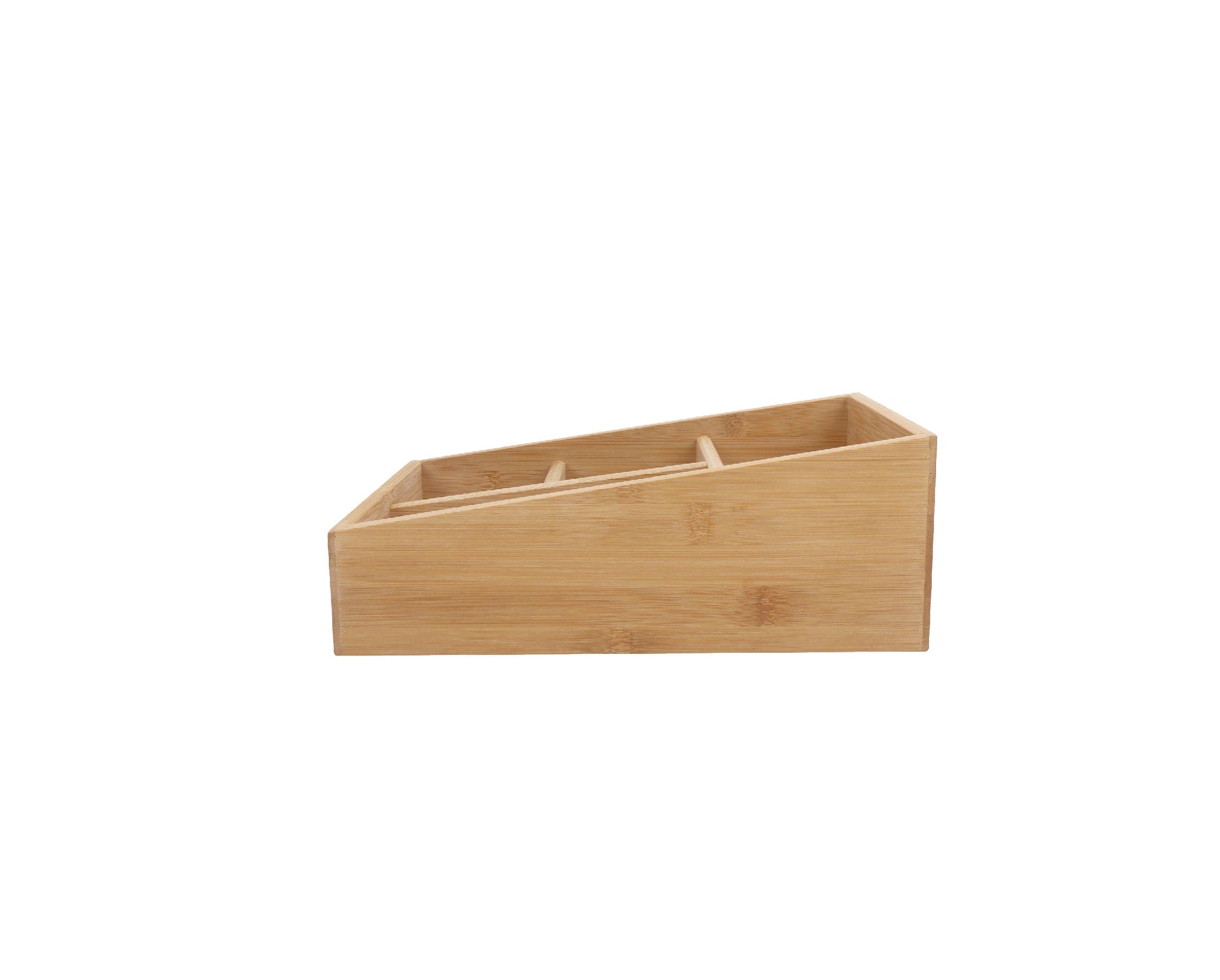 Natural bamboo storage box with 4 slots for office supplies, cutlery, and desk organization. — view 4