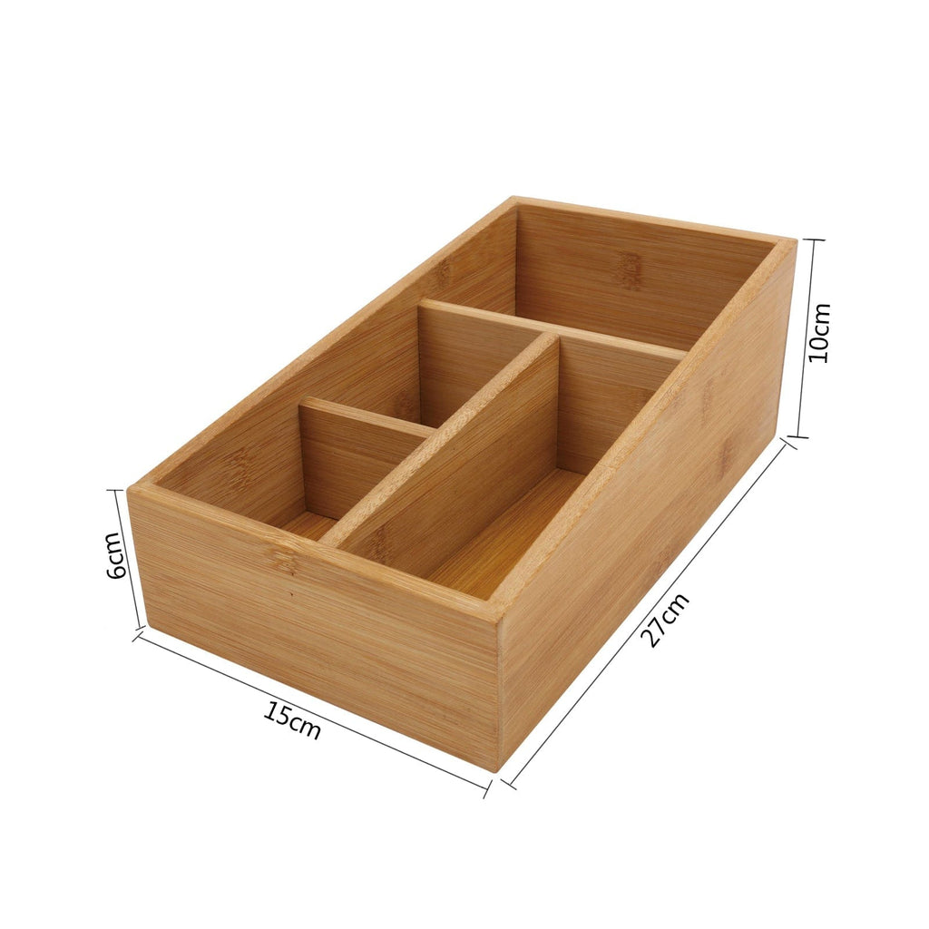 Natural bamboo storage box with 4 slots for office supplies, cutlery, and desk organization. — view 5