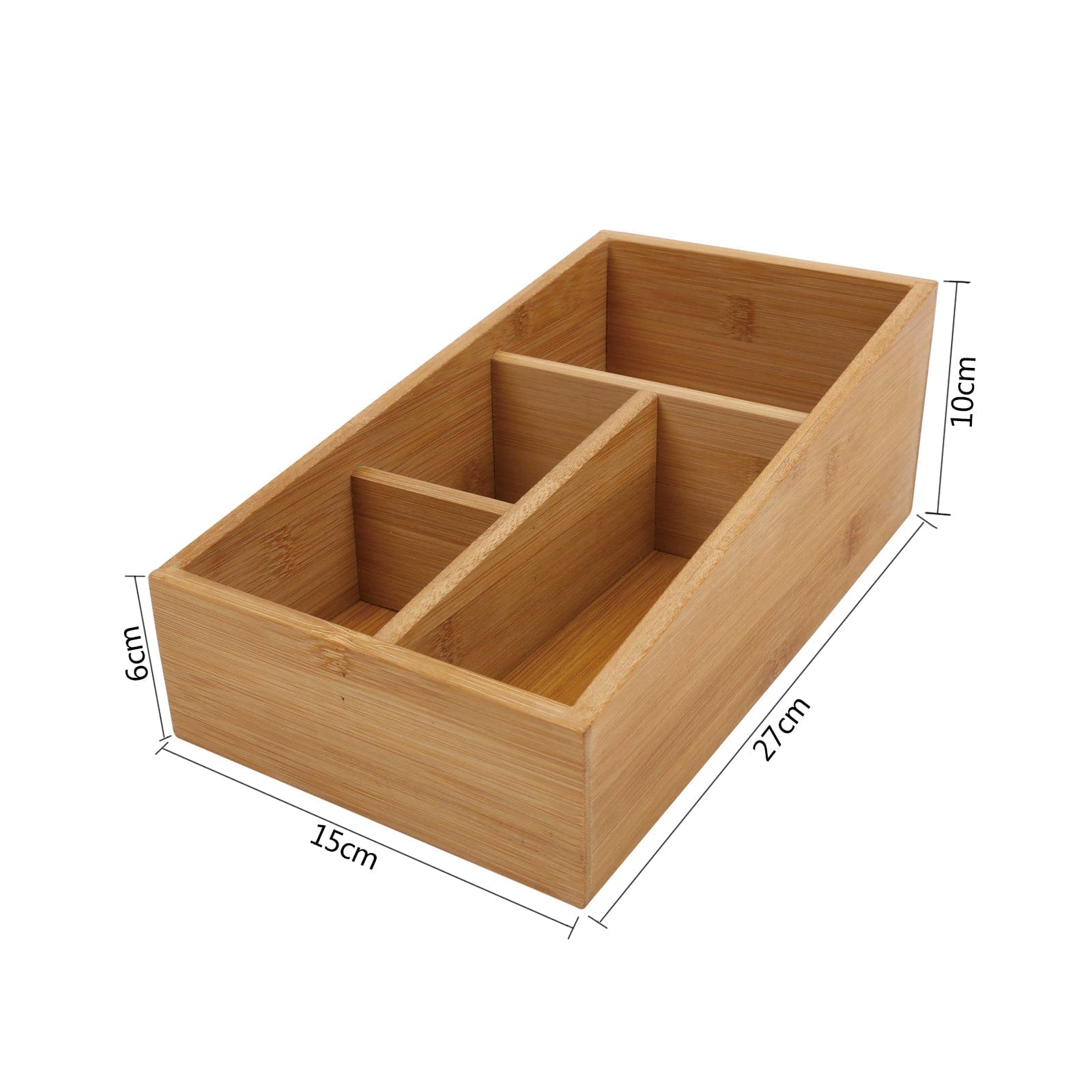 Natural bamboo storage box with 4 slots for office supplies, cutlery, and desk organization. — view 5