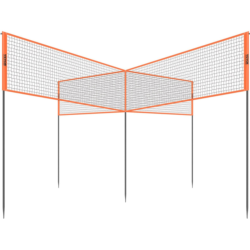 4-Way outdoor volleyball net set with reinforced steel poles and portable carrying bag on grass
