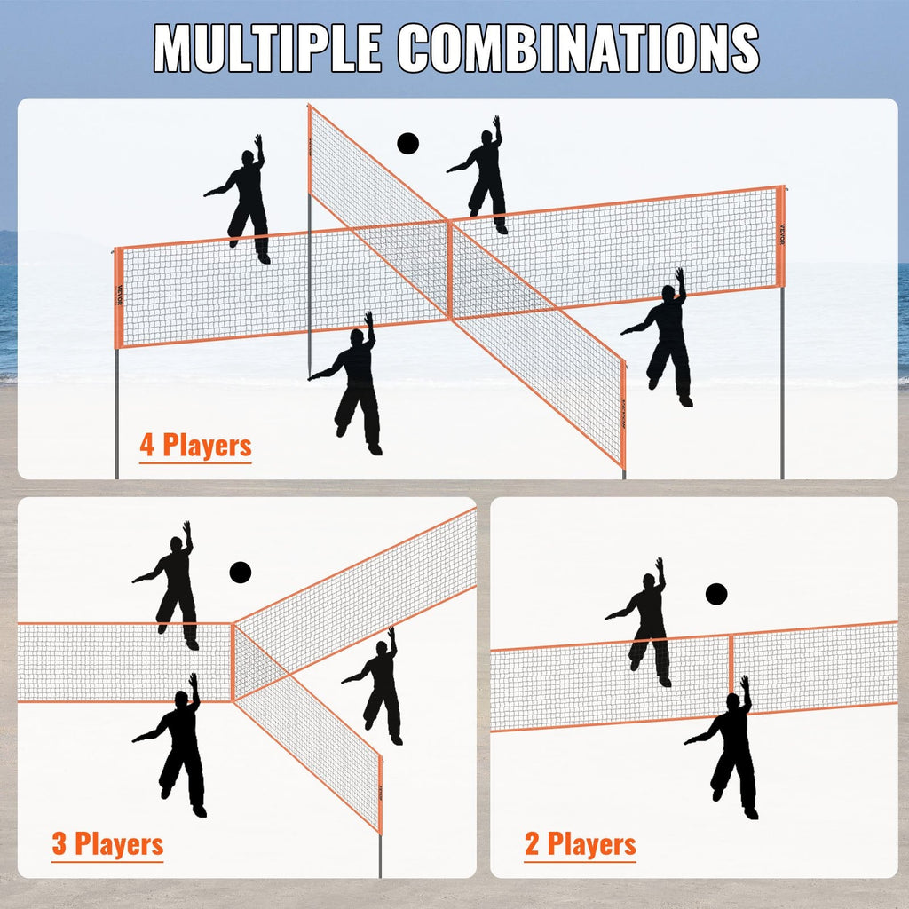 4-Way outdoor volleyball net set with reinforced steel poles and portable carrying bag on grass — view 3