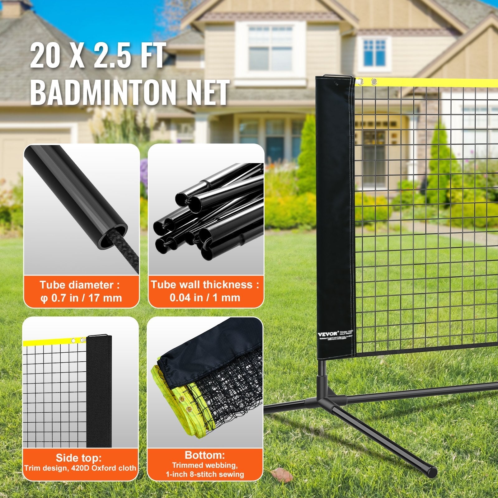 Portable 20ft outdoor badminton net set with four rackets, shuttlecocks, and carry bag — view 4