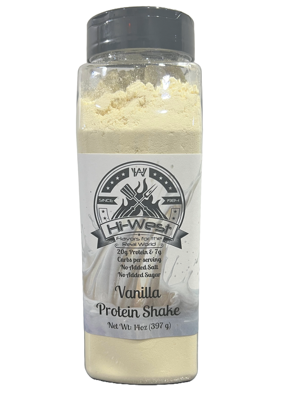 Vanilla protein shake bottle by Hi-West featuring twenty grams of protein and no added sugar