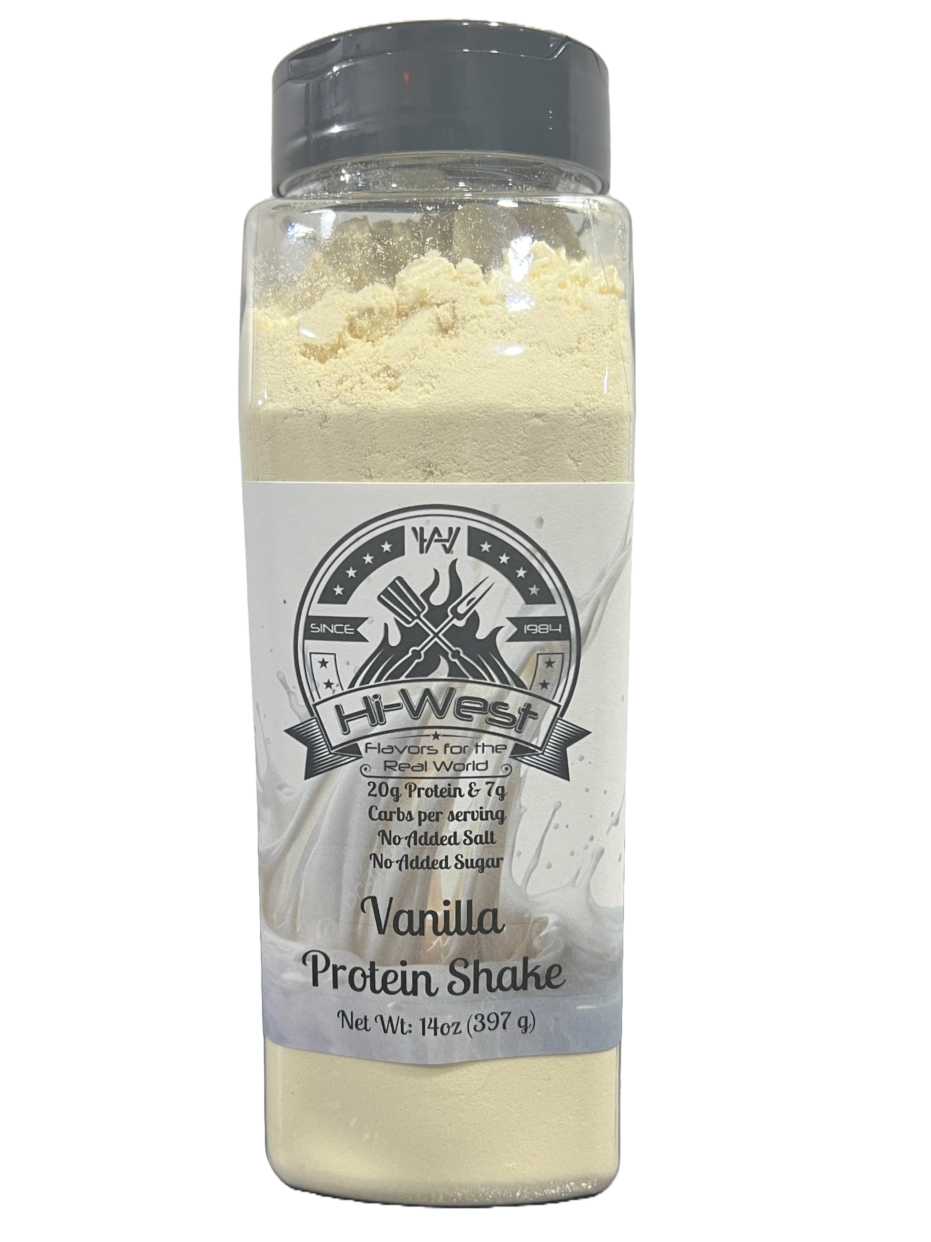 Vanilla protein shake bottle by Hi-West featuring twenty grams of protein and no added sugar