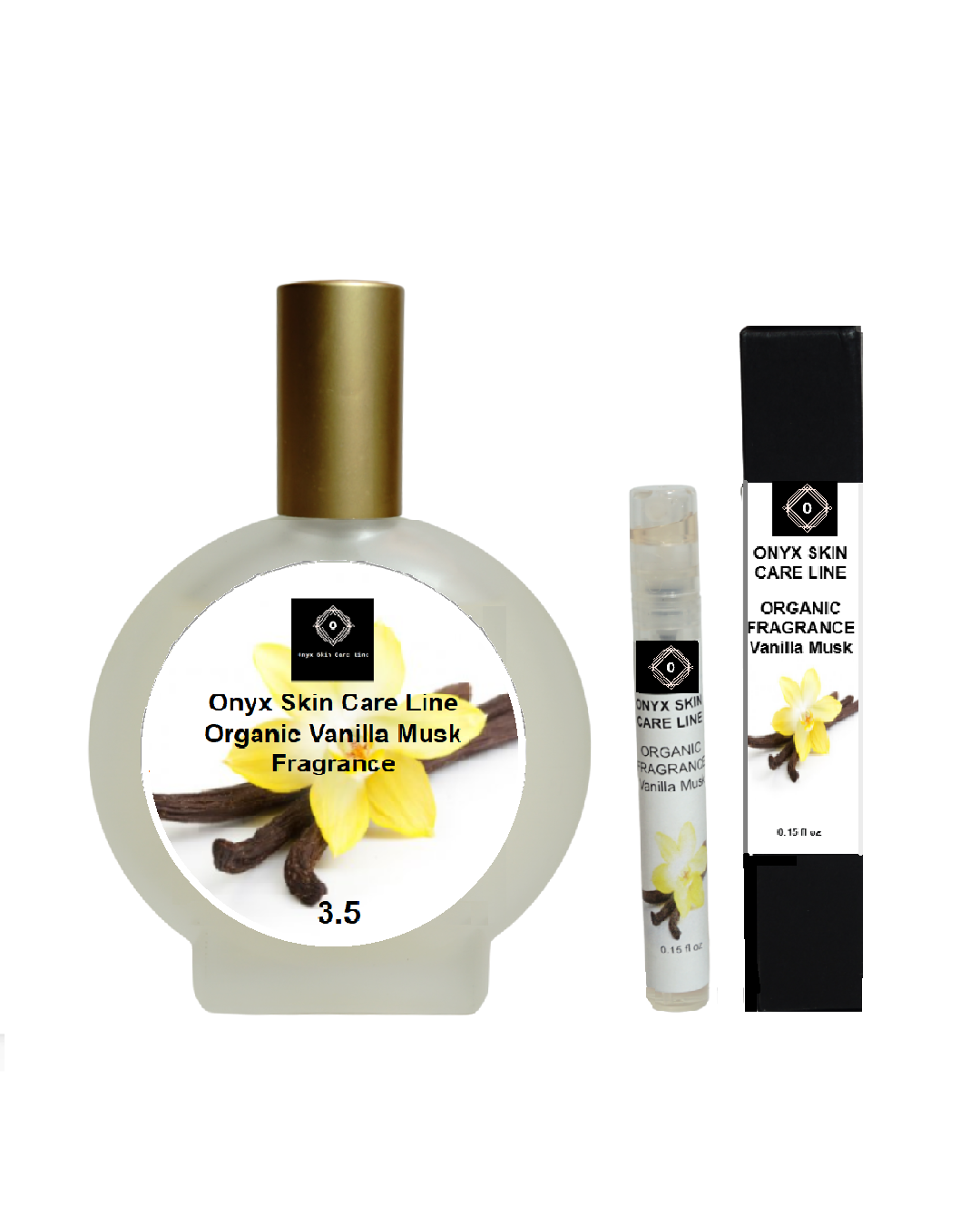 Clear glass spritzer bottle of organic vanilla musk unisex fragrance for daily wear