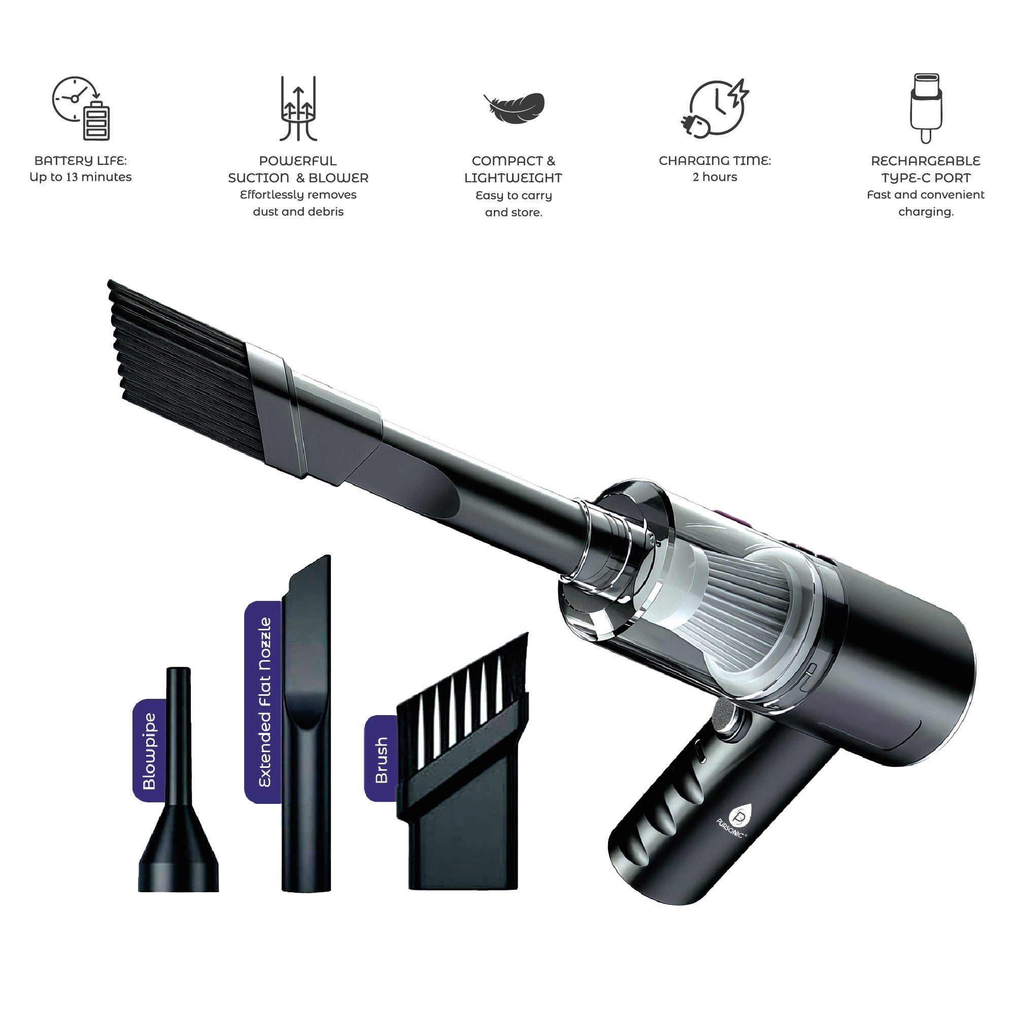 Compact 2-in-1 mini wireless vacuum cleaner and air duster resting on a clean office desk — view 2