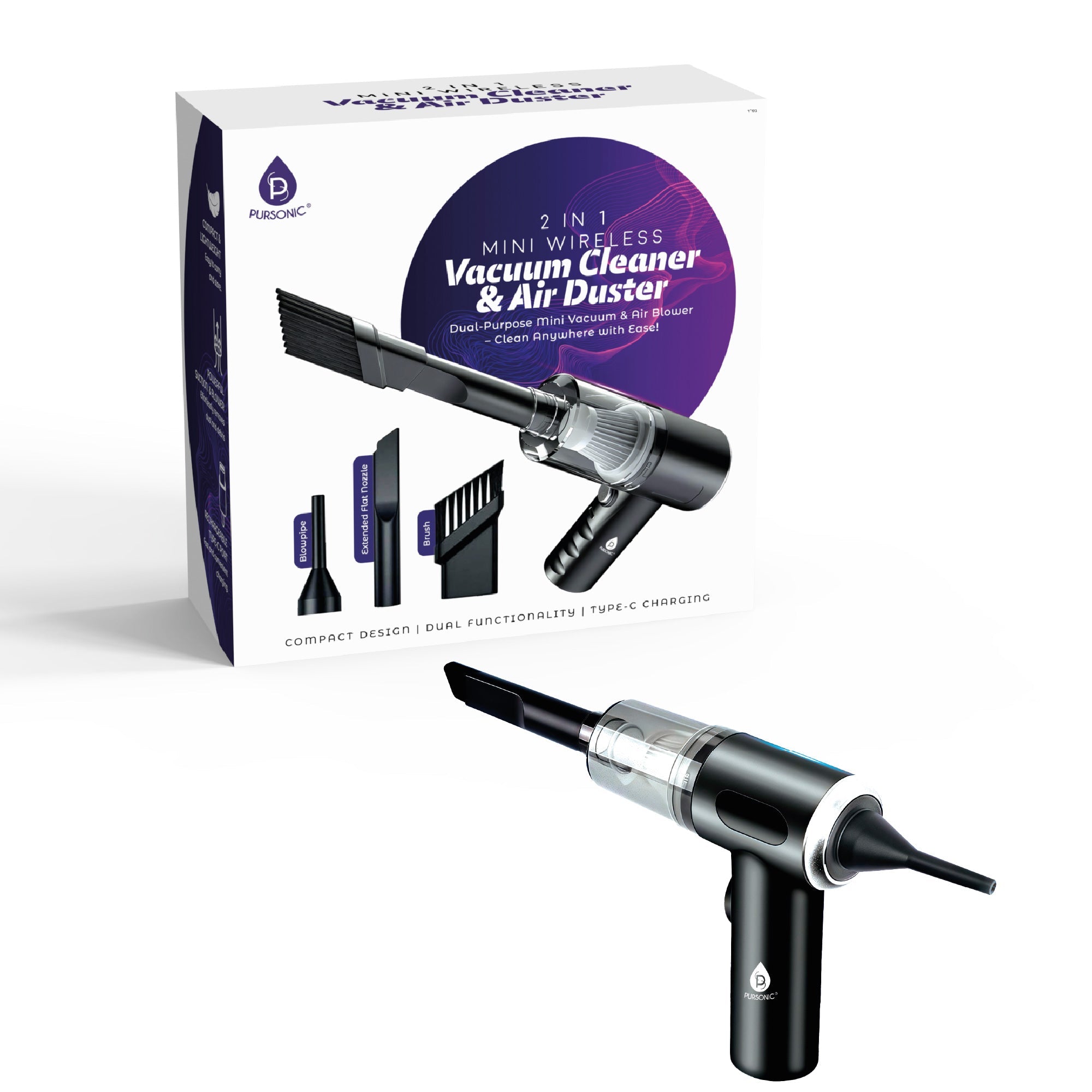 Compact 2-in-1 mini wireless vacuum cleaner and air duster resting on a clean office desk