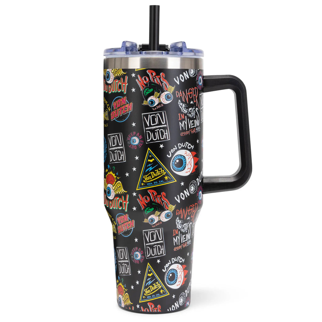 Von Dutch 40oz bold stainless steel insulated tumbler with ergonomic handle and leak resistant straw lid