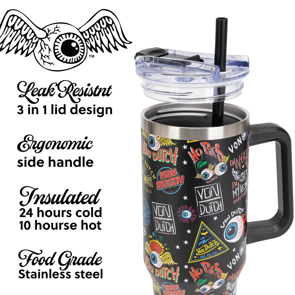 Von Dutch 40oz bold stainless steel insulated tumbler with ergonomic handle and leak resistant straw lid — view 3