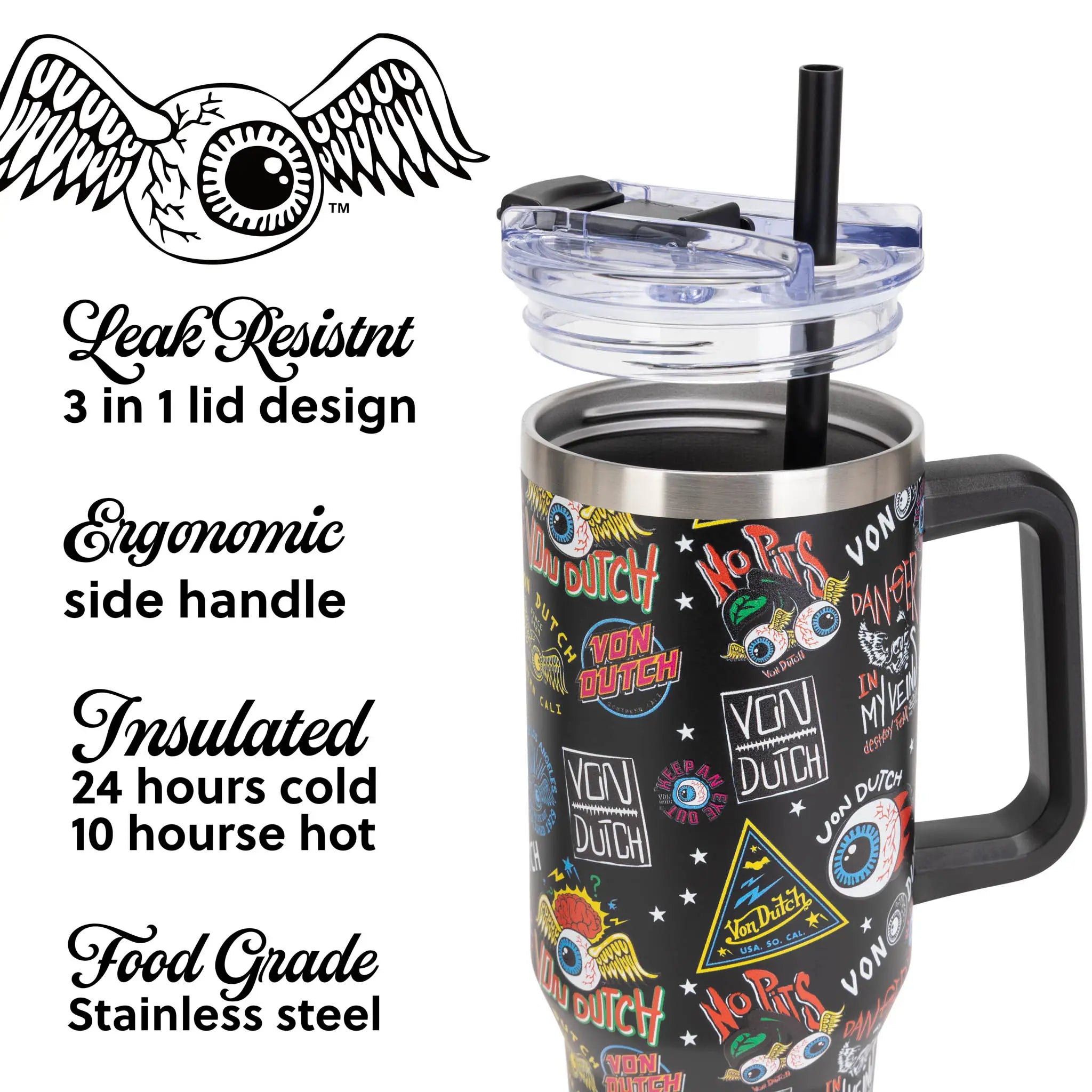 Von Dutch 40oz bold stainless steel insulated tumbler with ergonomic handle and leak resistant straw lid — view 3