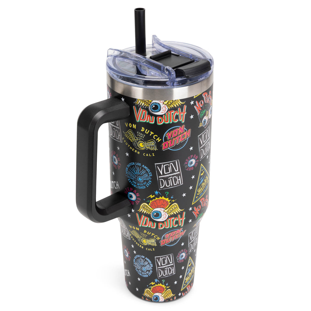 Von Dutch 40oz bold stainless steel insulated tumbler with ergonomic handle and leak resistant straw lid — view 5