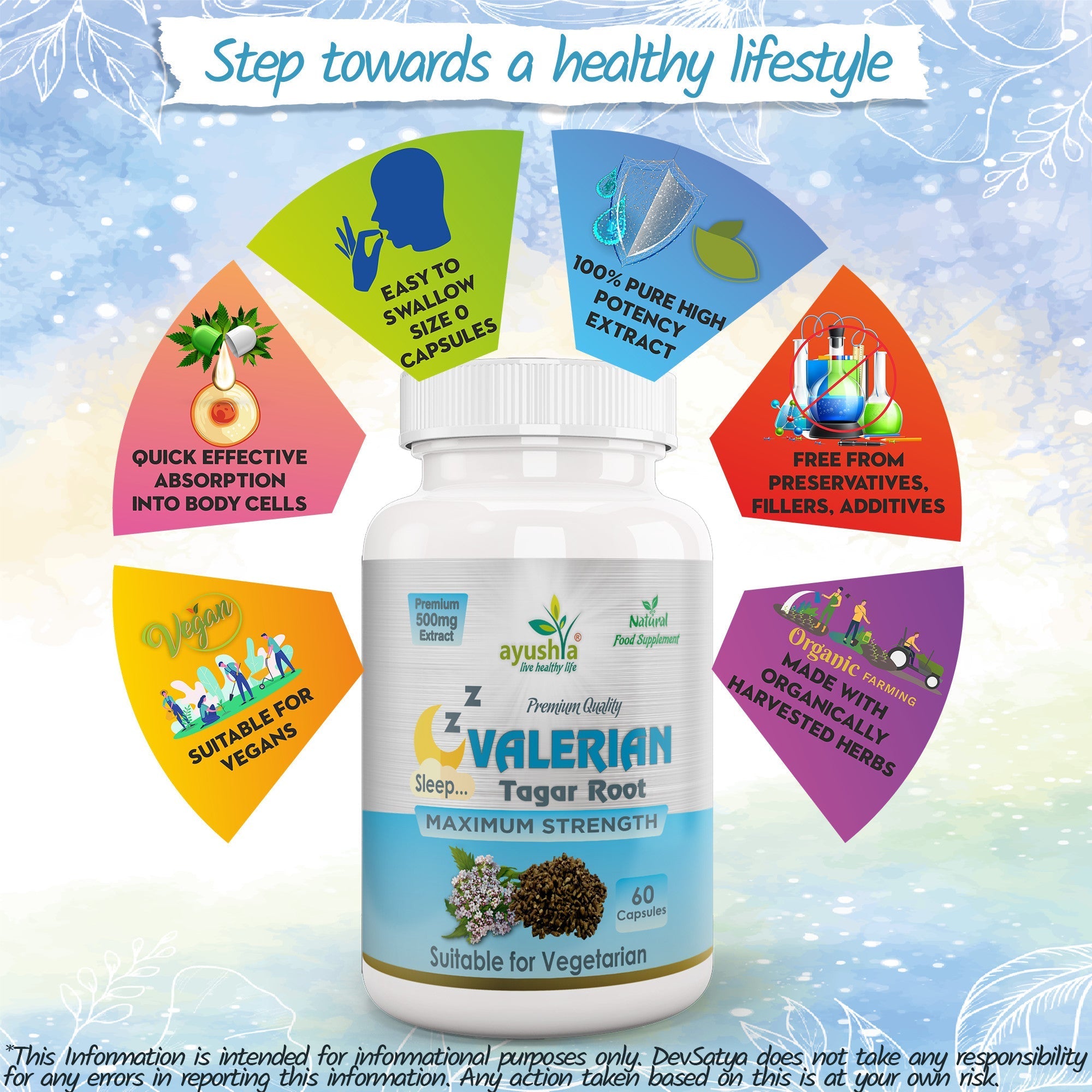 Bottle of Ayushya vegan valerian root capsules for natural sleep support and holistic wellness — view 5