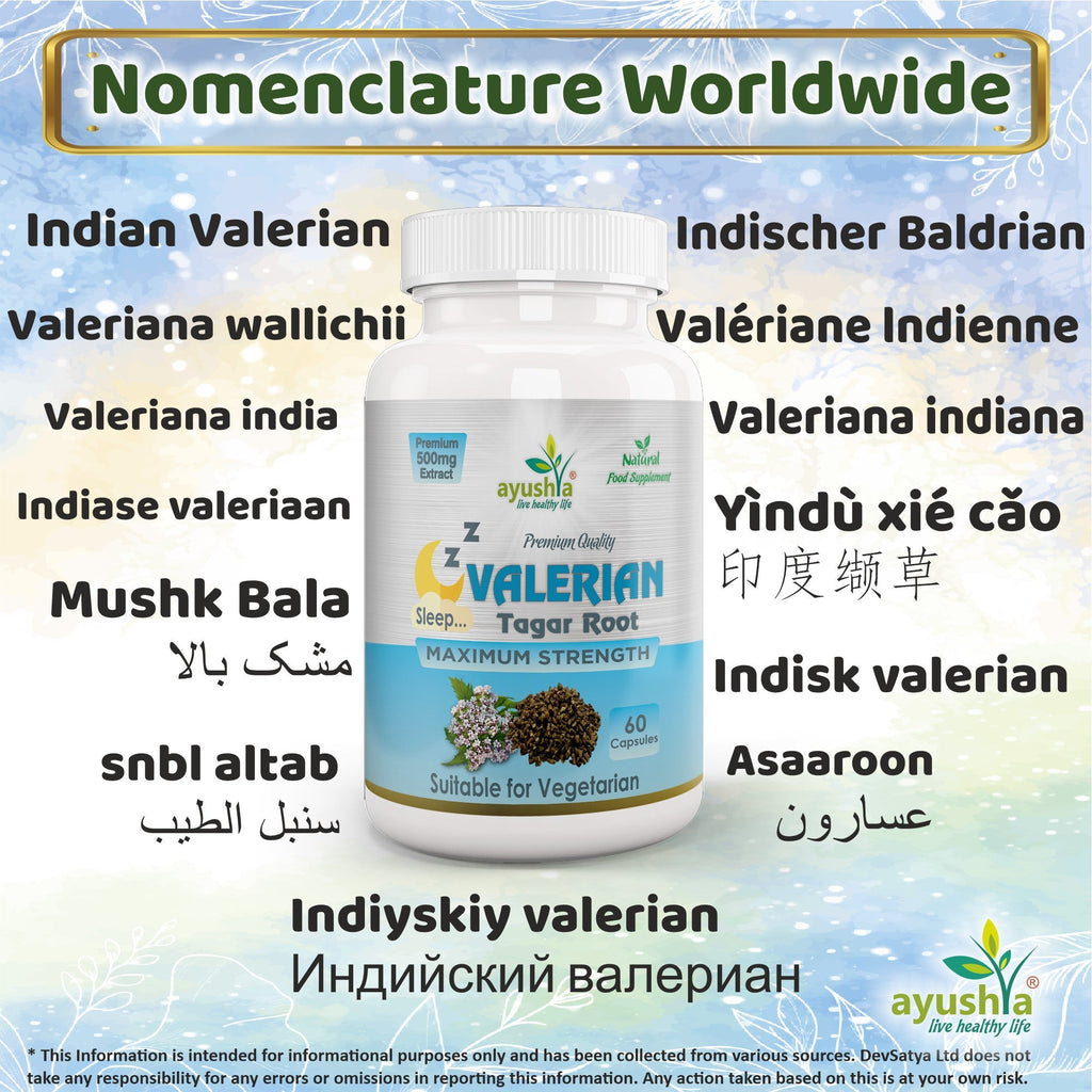Bottle of Ayushya vegan valerian root capsules for natural sleep support and holistic wellness — view 3