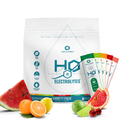H2O Electrolytes zero sugar variety pack boxes and individual powder packets on a clean background