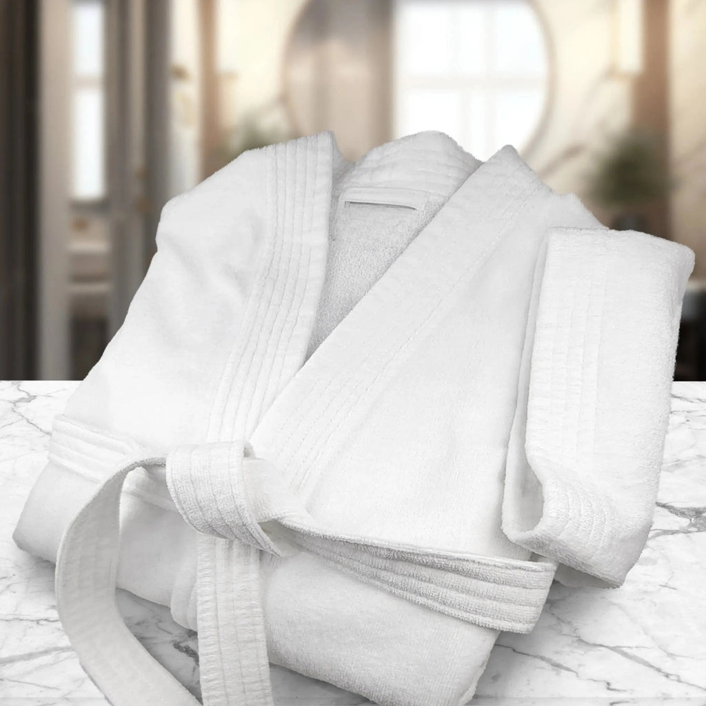 Plush white sheared velour 100% ringspun cotton bathrobe in elegant kimono and shawl collar styles — view 5