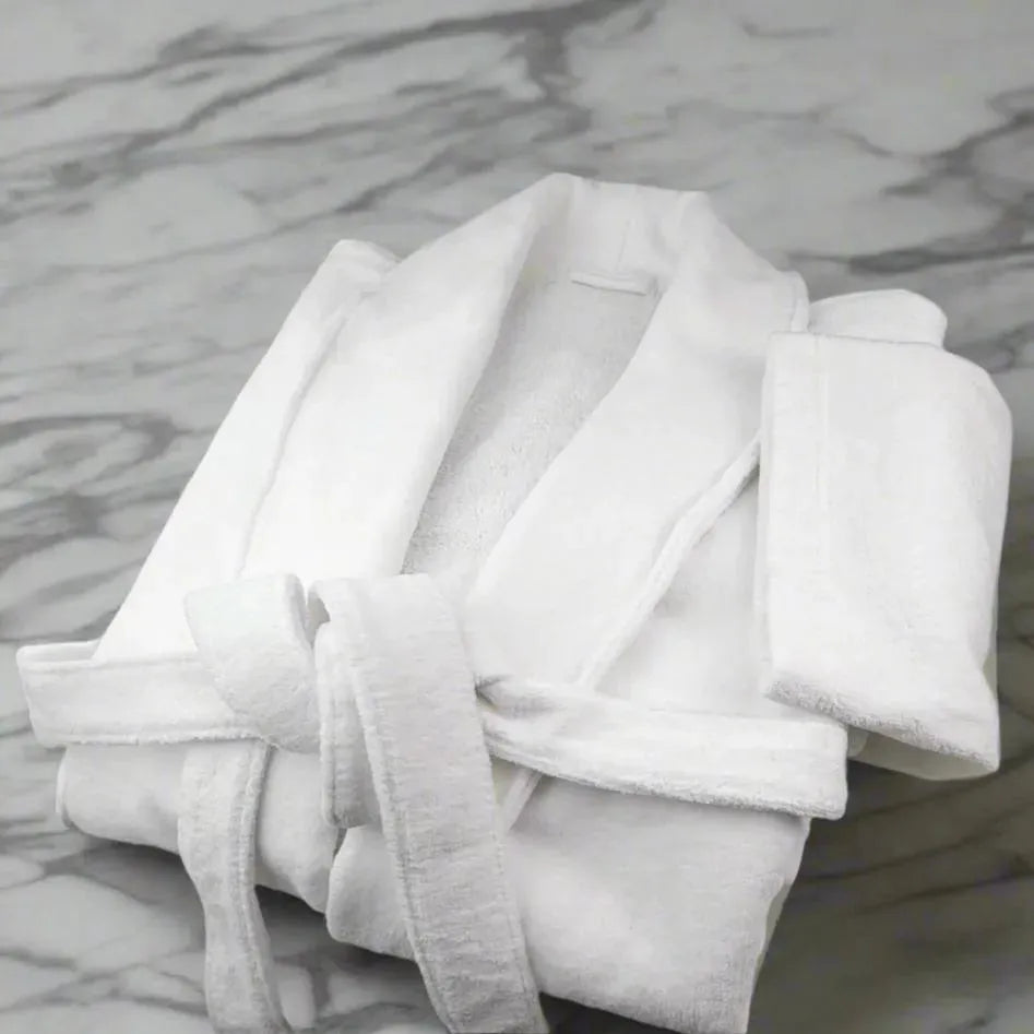 Plush white sheared velour 100% ringspun cotton bathrobe in elegant kimono and shawl collar styles — view 4