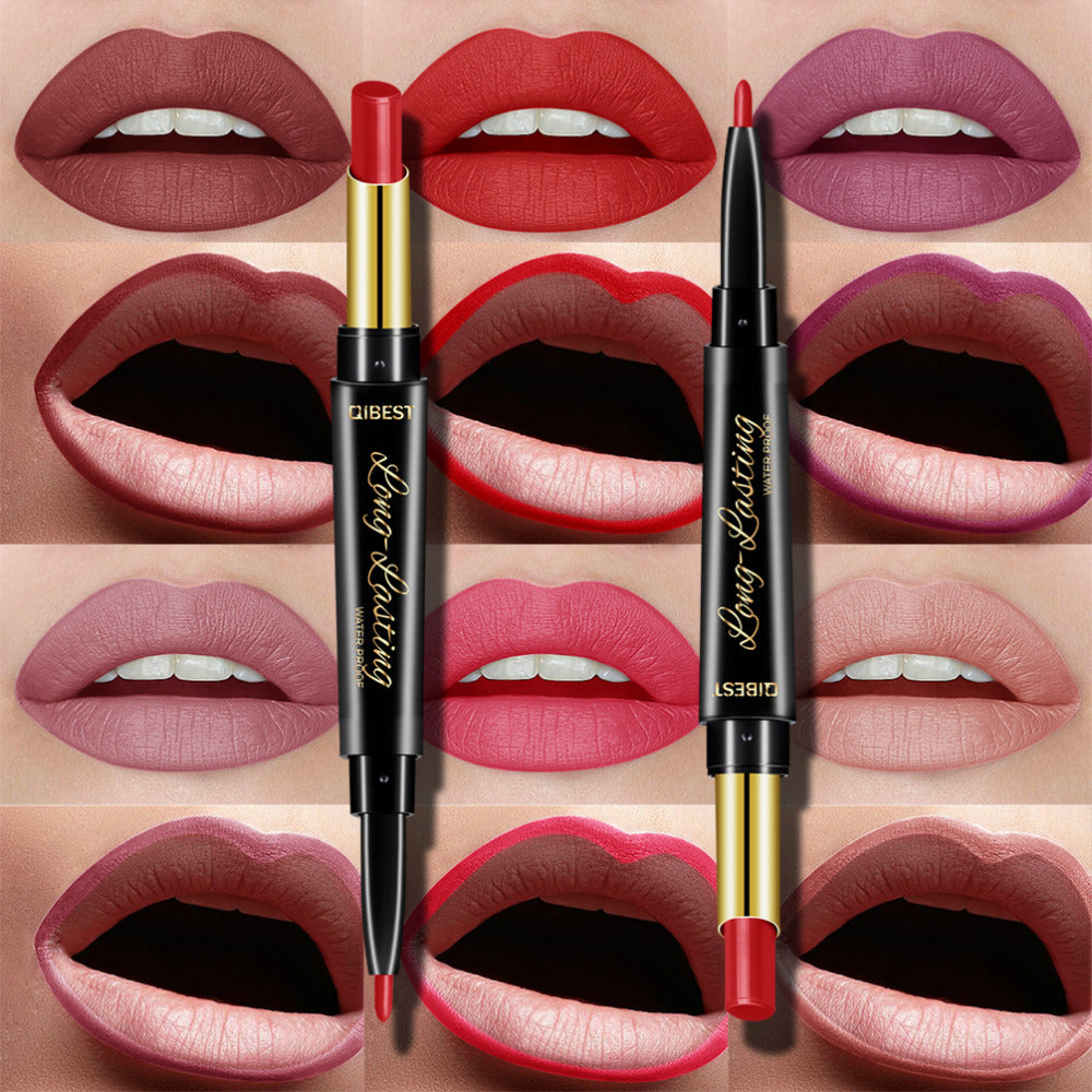 Velvet matte dual ended lipstick pen and lip liner combo showing smooth pigment texture