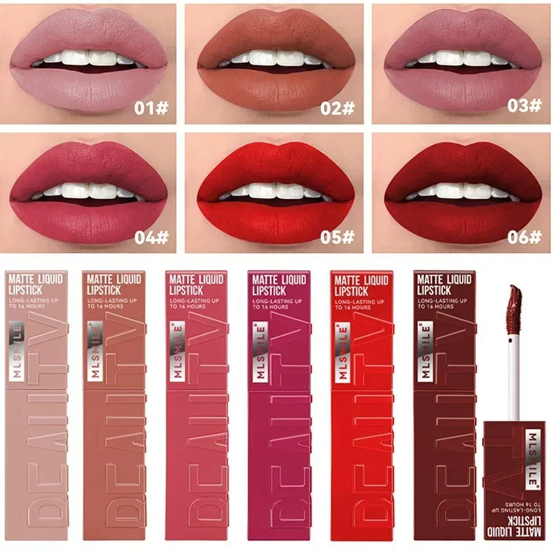 Velvet matte liquid lipstick tube with applicator wand displaying a rich nude waterproof lip color