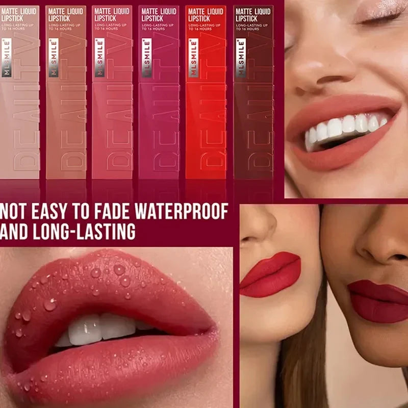 Velvet matte liquid lipstick tube with applicator wand displaying a rich nude waterproof lip color — view 2