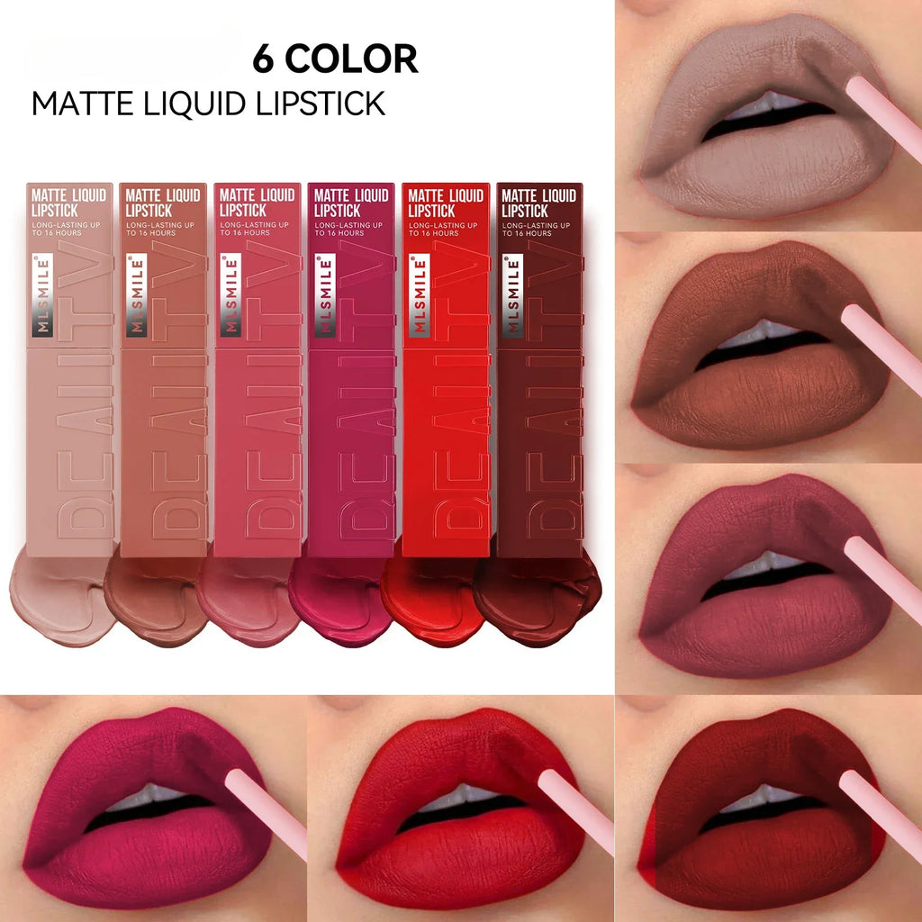 Velvet matte liquid lipstick tube with applicator wand displaying a rich nude waterproof lip color — view 3