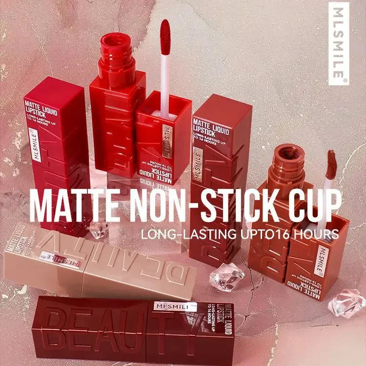 Velvet matte liquid lipstick tube with applicator wand displaying a rich nude waterproof lip color — view 4