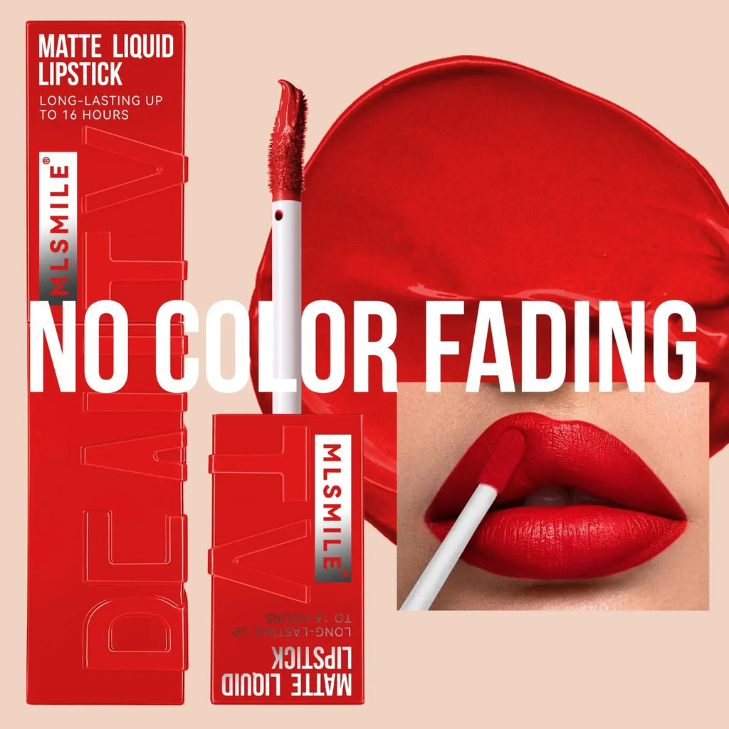 Velvet matte liquid lipstick tube with applicator wand displaying a rich nude waterproof lip color — view 5