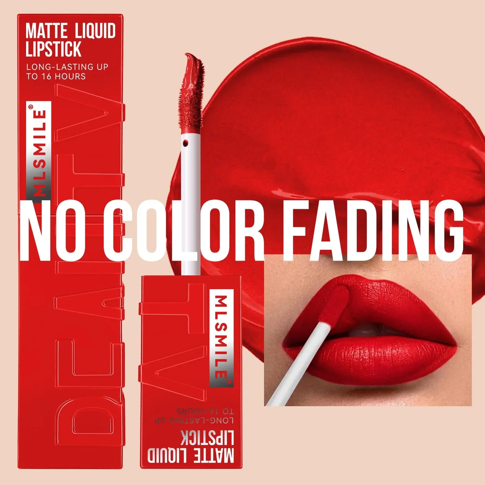 Velvet matte liquid lipstick tube with applicator wand displaying a rich nude waterproof lip color — view 5